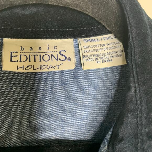 Skiing Snowman Holiday Denim Shirt Velvet Collar Sz Small - Picture 5 of 6